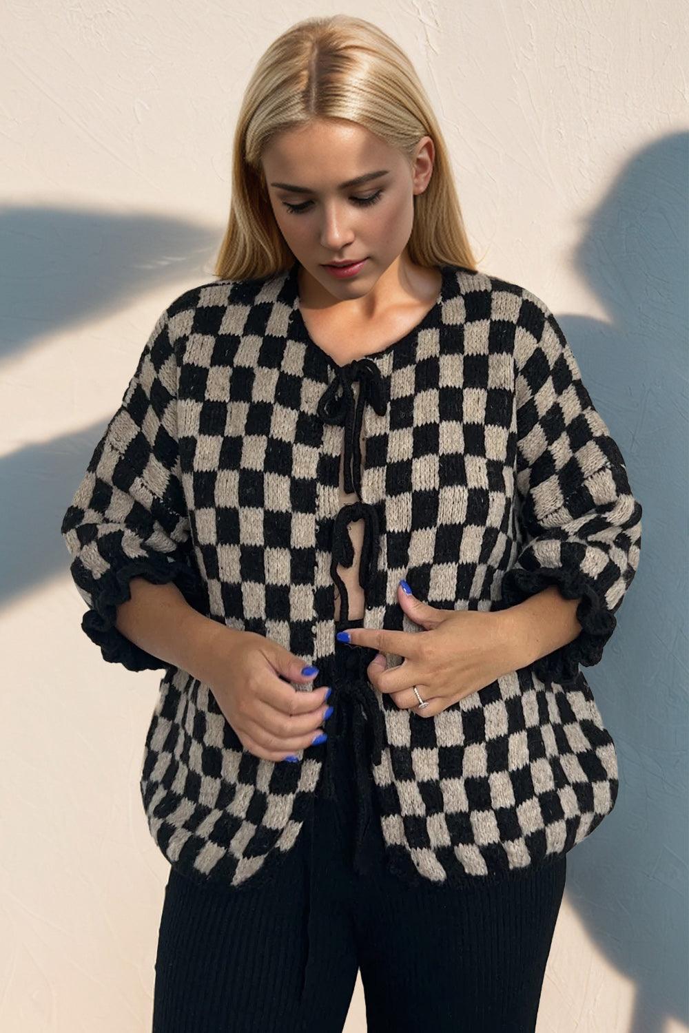 Cardigan noué à carreaux avec épaules tombantes et manches à volants Double Take