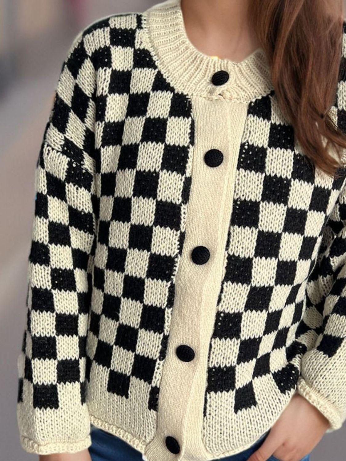 Cardigan à carreaux et col rond boutonné
