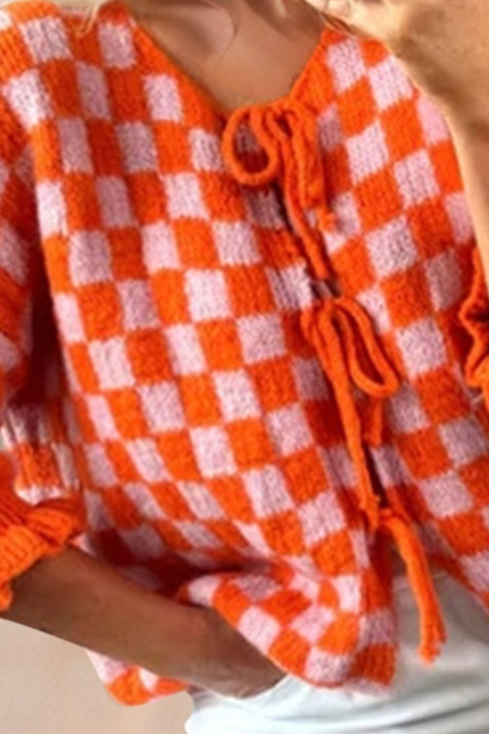 Cardigan noué à carreaux avec épaules tombantes et manches à volants Double Take
