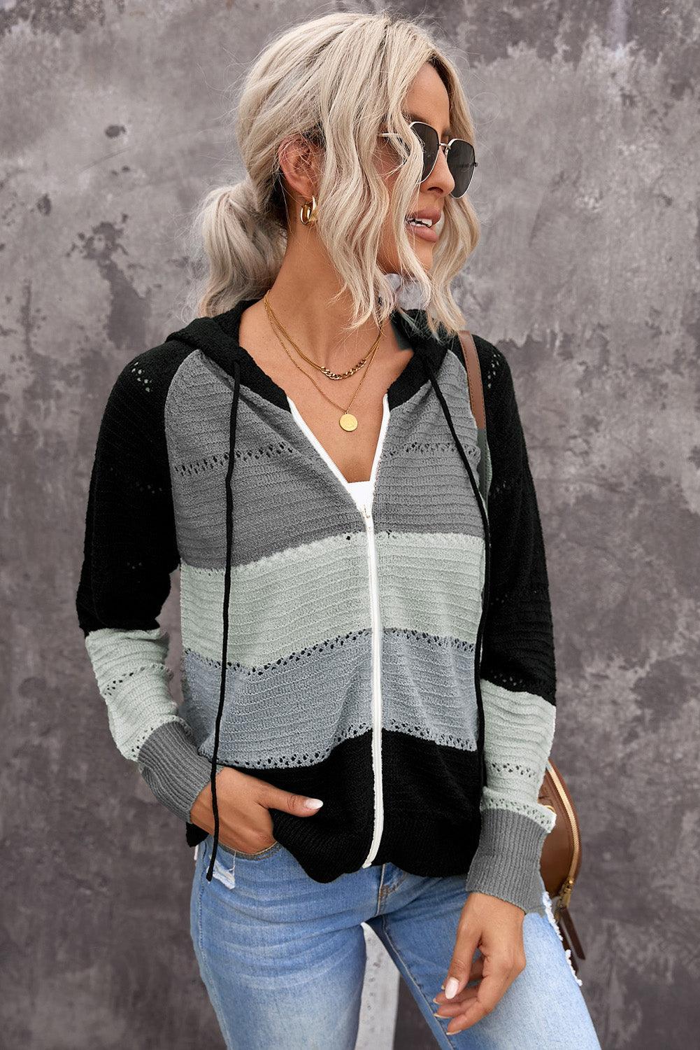 Cardigan à capuche ajouré à manches raglan et fermeture éclair