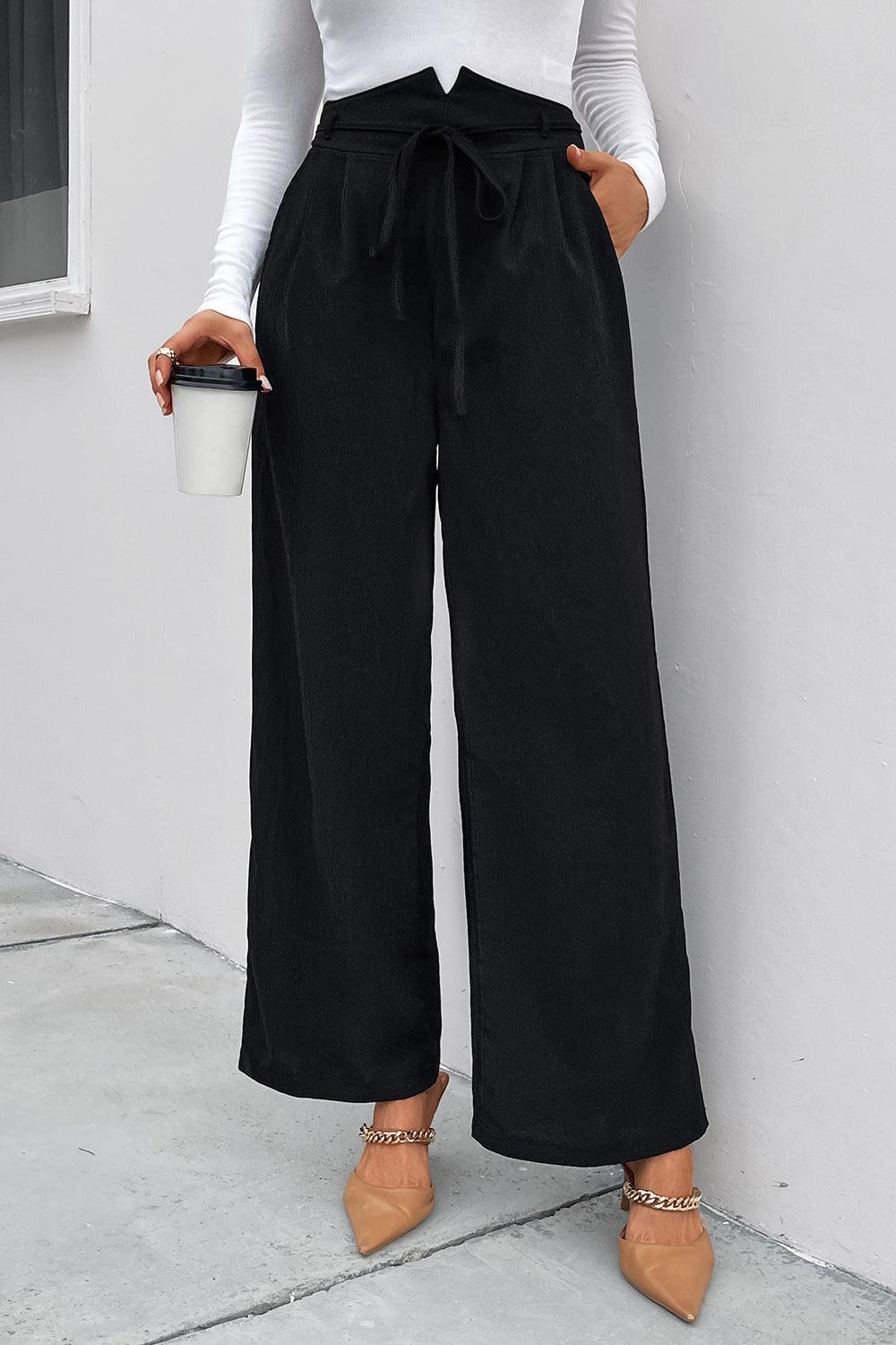 Pantalon large taille haute froncé avec lien sur le devant