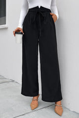 Pantalon large taille haute froncé avec lien sur le devant