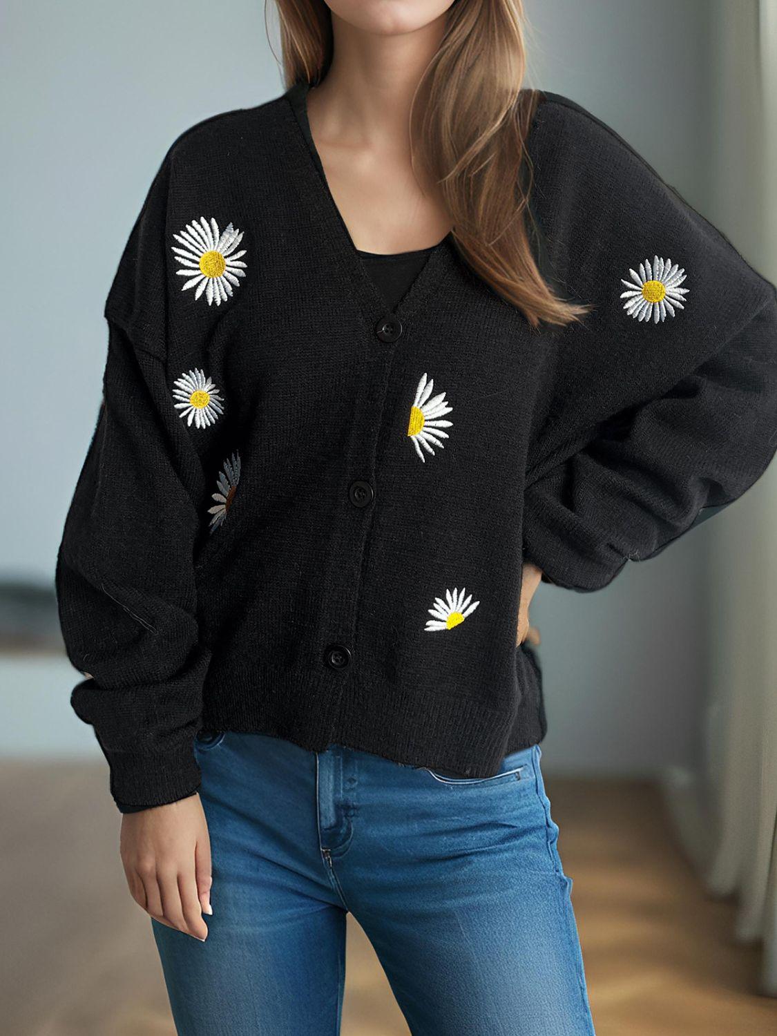 Cardigan boutonné à col en V avec motif marguerite
