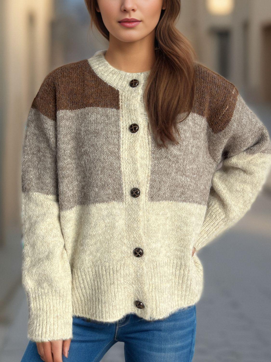 Cardigan boutonné à col rond et blocs de couleurs