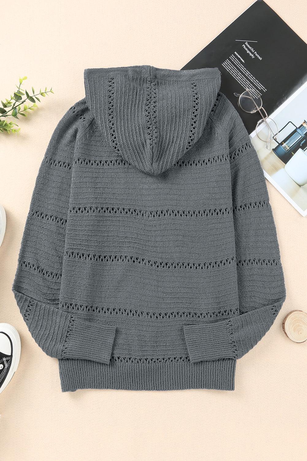 Cardigan à capuche ajouré à manches raglan et fermeture éclair