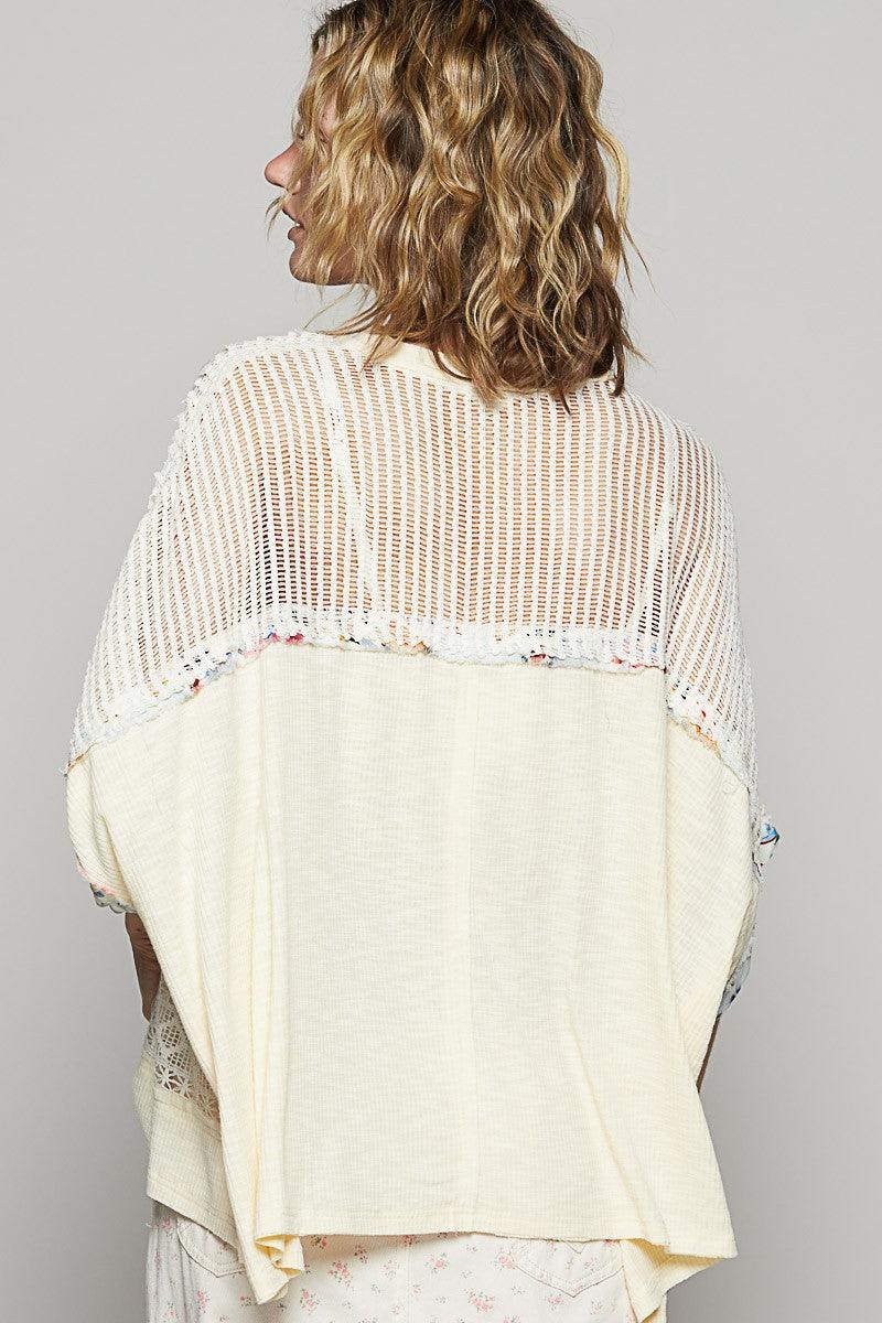 Haut en tricot à manches mi-longues et à imprimé floral ajouré POL