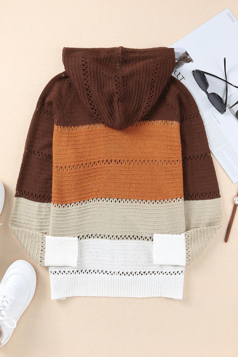 Cardigan à capuche ajouré à manches raglan et fermeture éclair