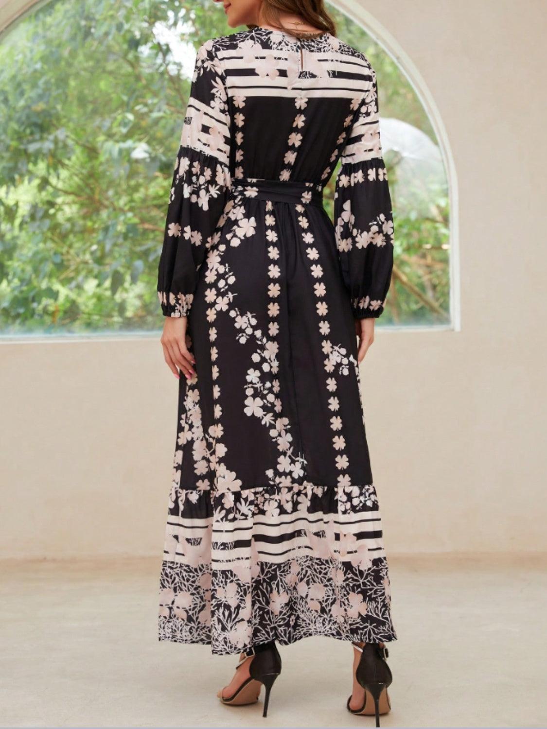 Robe longue imprimée à col rond et manches longues avec poches