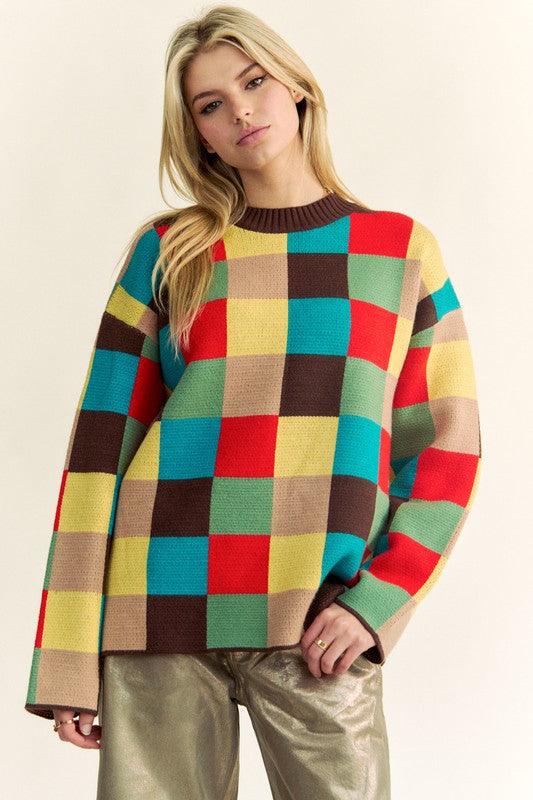 Pull à épaules tombantes à carreaux et blocs de couleurs Davi &amp; Dani