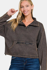 Sweat-shirt Zenana en polaire délavée à demi-pression avec poche