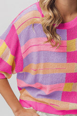 Haut en tricot à col rond rayé multicolore BiBi