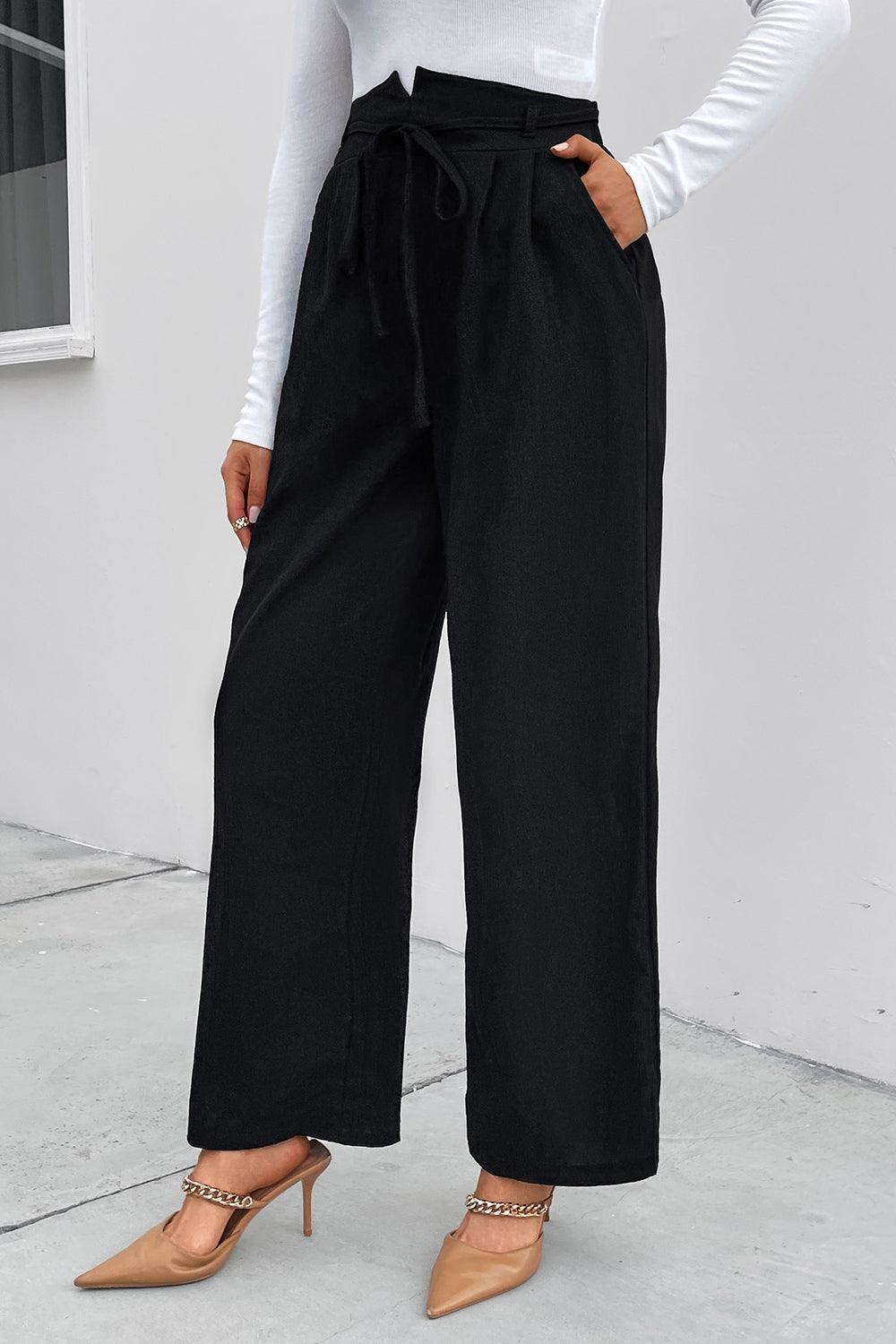 Pantalon large taille haute froncé avec lien sur le devant