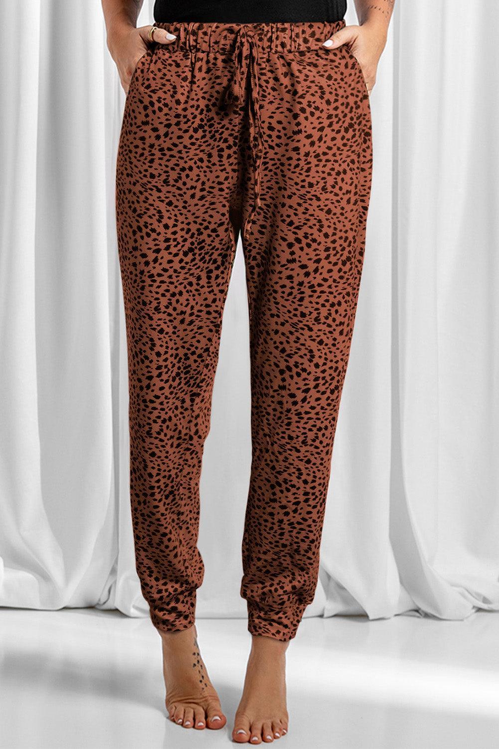 Pantalon à poches avec cordon de serrage léopard pleine grandeur