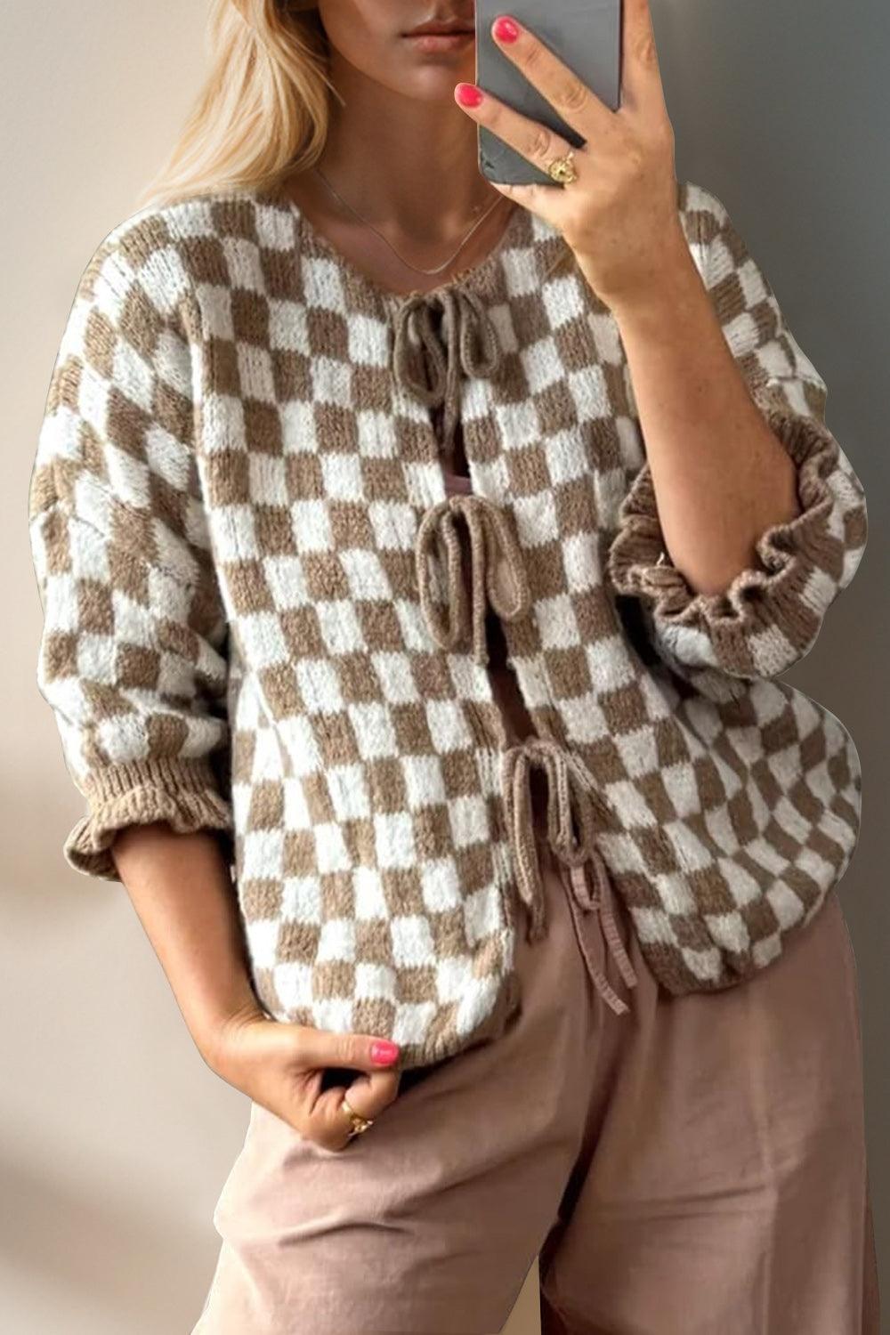 Cardigan noué à carreaux avec épaules tombantes et manches à volants Double Take