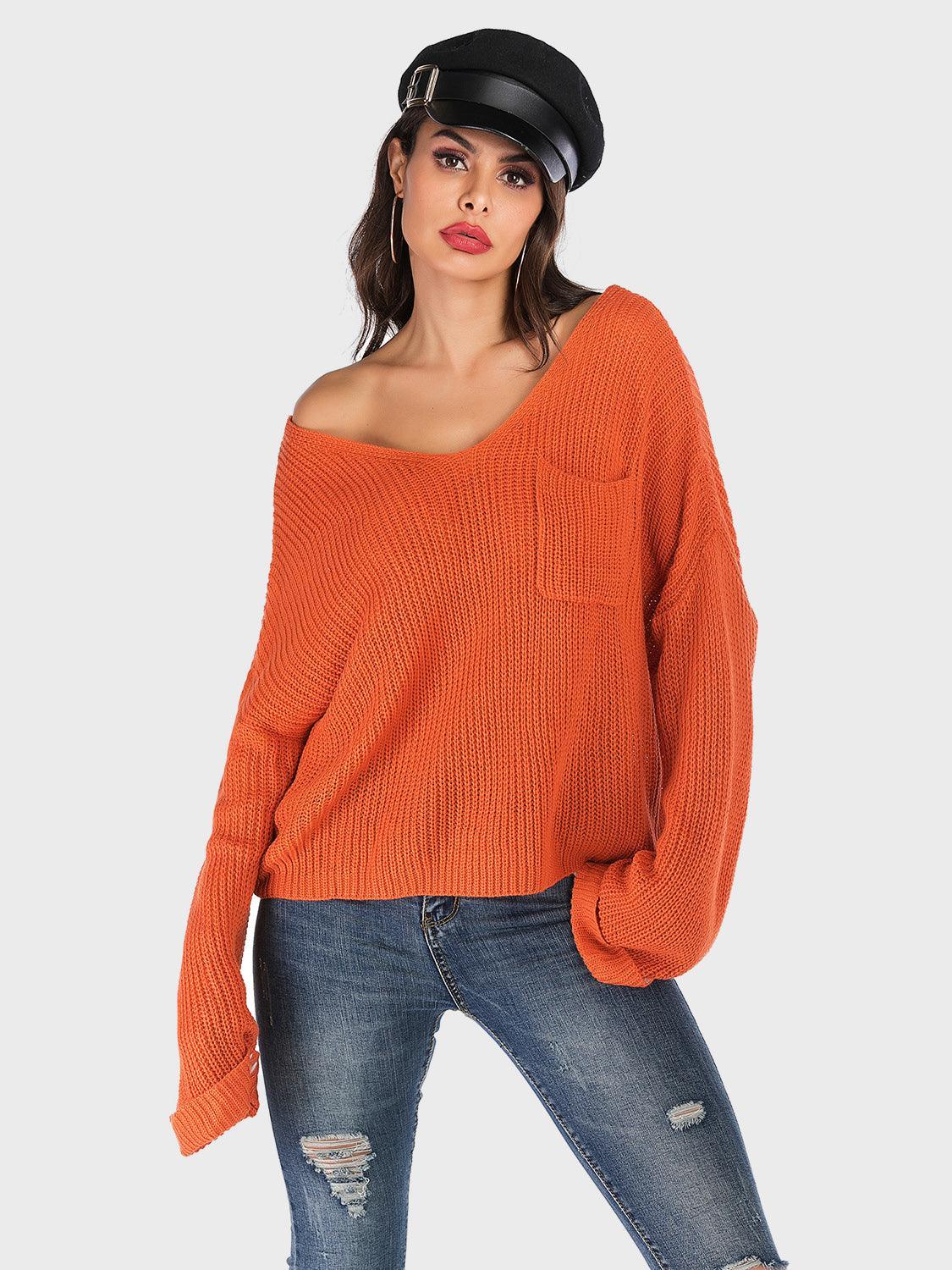 Pull à manches longues et col en V Perfee à épaules tombantes