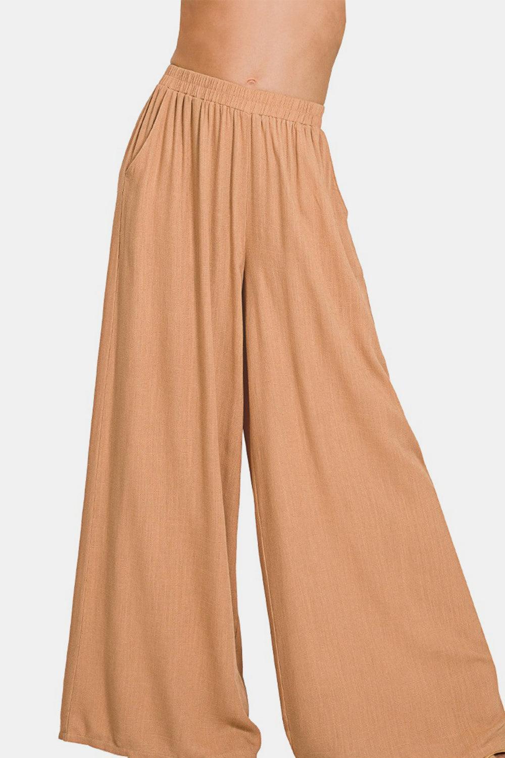 Pantalon large plissé en lin mélangé Zenana