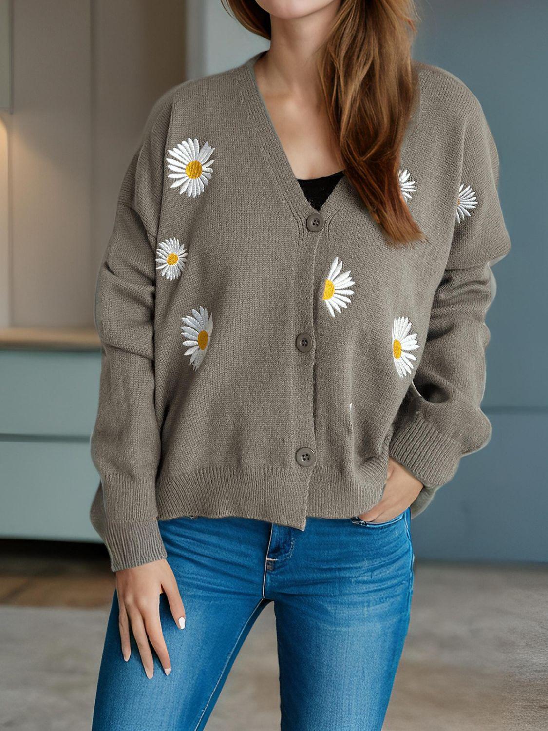 Cardigan boutonné à col en V avec motif marguerite