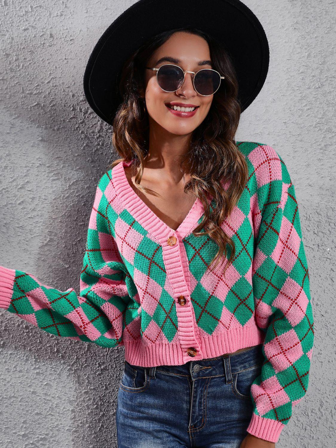 Cardigan boutonné à manches longues et motif géométrique
