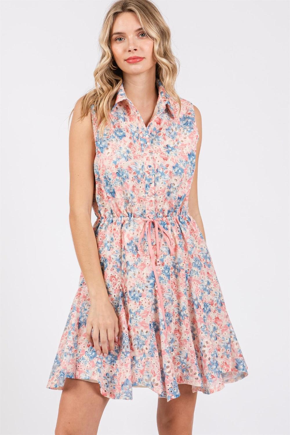 Robe courte sans manches à œillets et motif floral GeeGee