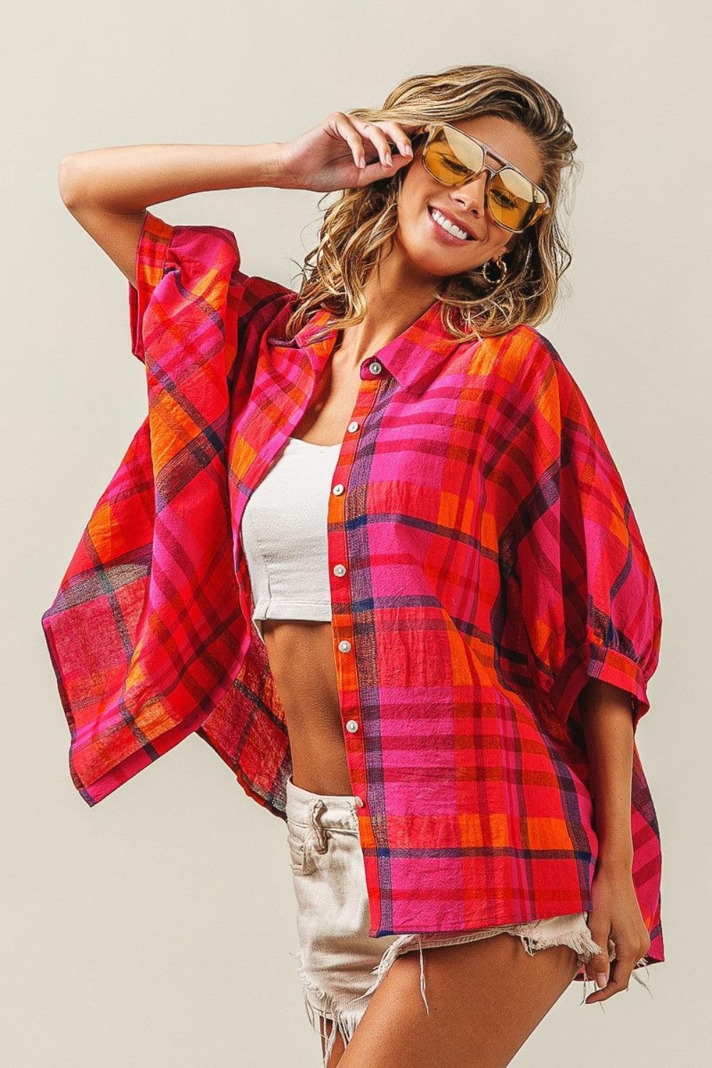 Chemise à carreaux boutonnée à manches dolman BiBi