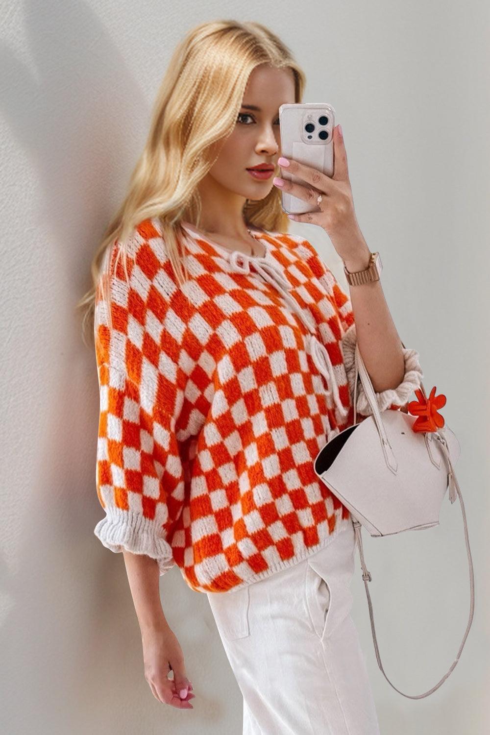 Cardigan noué à carreaux avec épaules tombantes et manches à volants Double Take