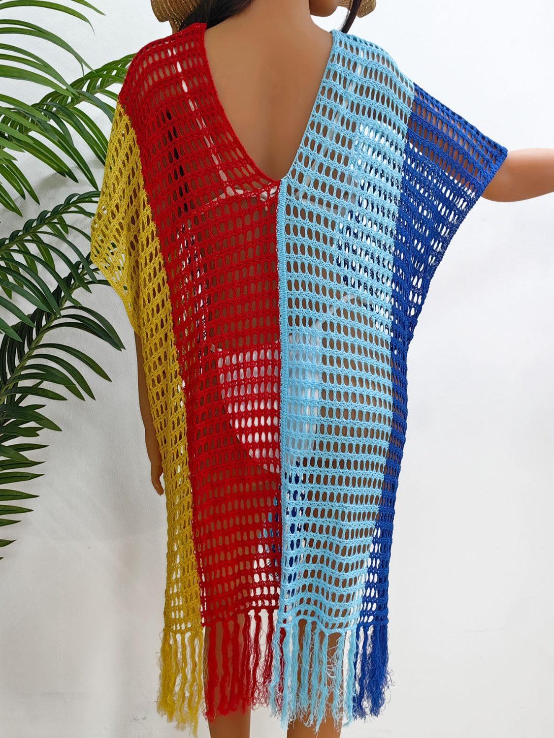 Cache-maillot à franges et blocs de couleurs à col rond