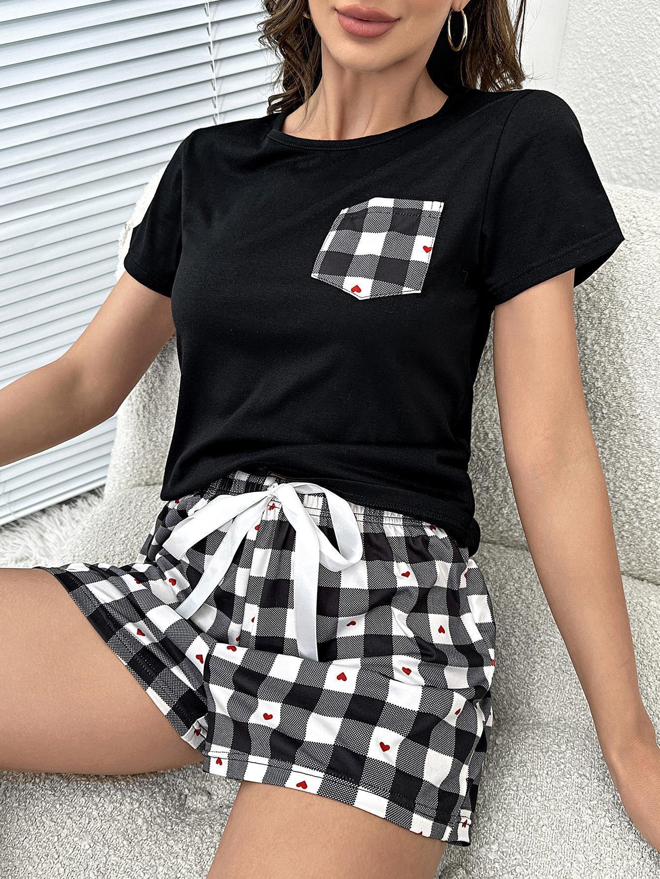 Ensemble de détente haut et short à carreaux en forme de cœur