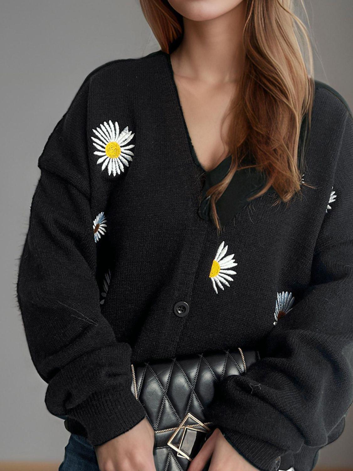 Cardigan boutonné à col en V avec motif marguerite