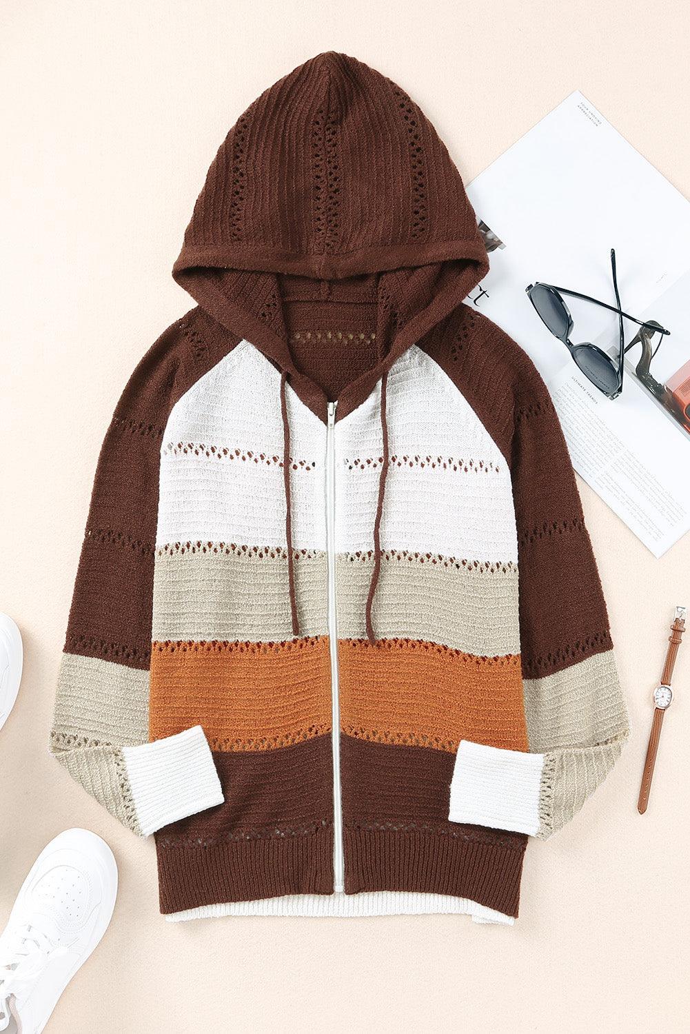 Cardigan à capuche ajouré à manches raglan et fermeture éclair