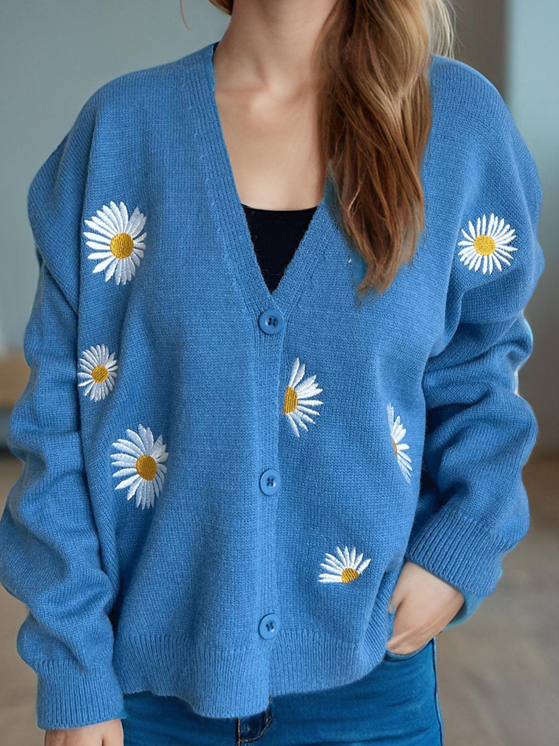 Cardigan boutonné à col en V avec motif marguerite