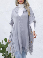 Poncho à capuche boutonné avec bordure à franges