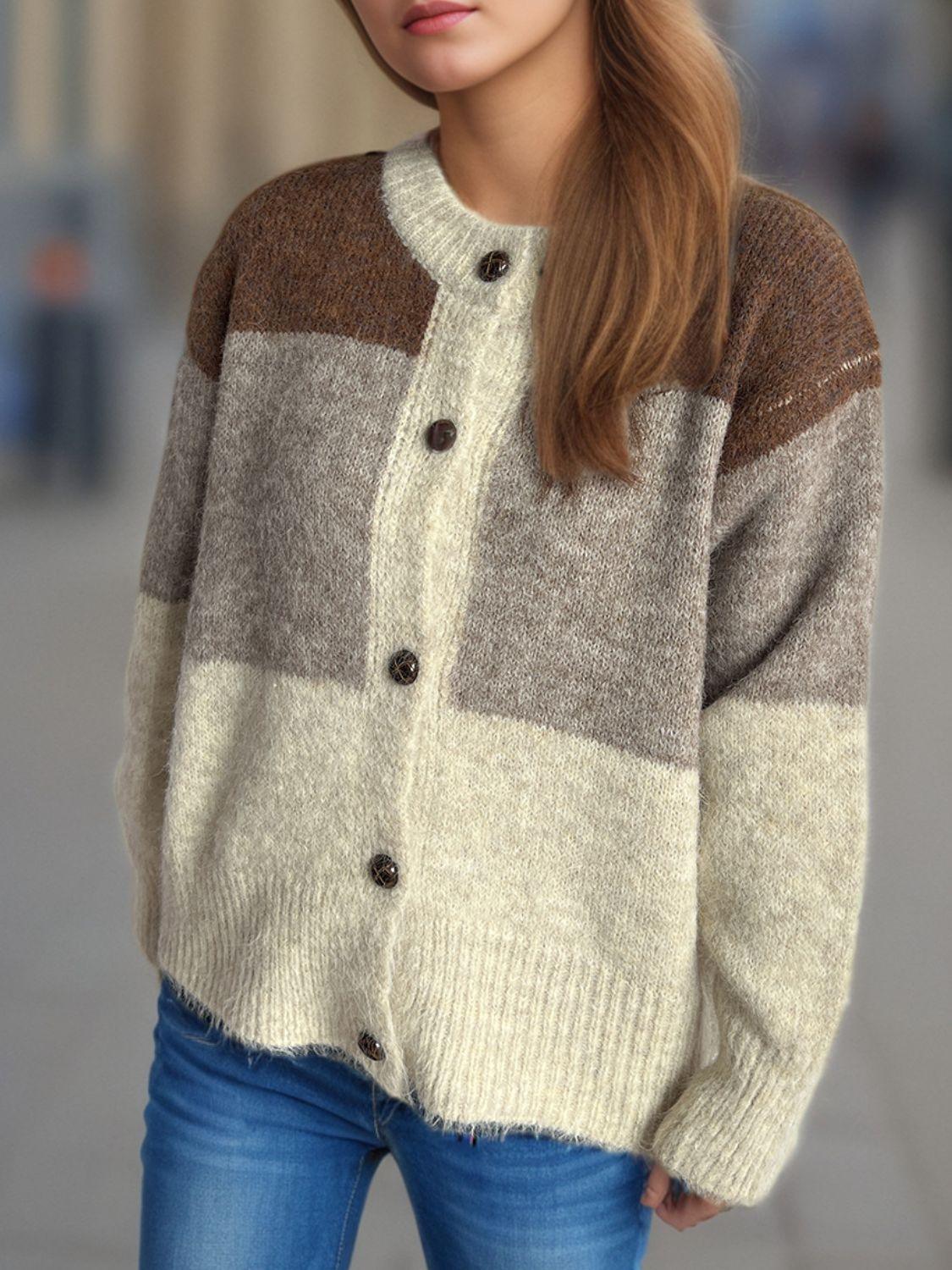 Cardigan boutonné à col rond et blocs de couleurs