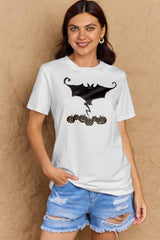 T-shirt en coton à imprimé chauve-souris et citrouille en taille réelle Simply Love