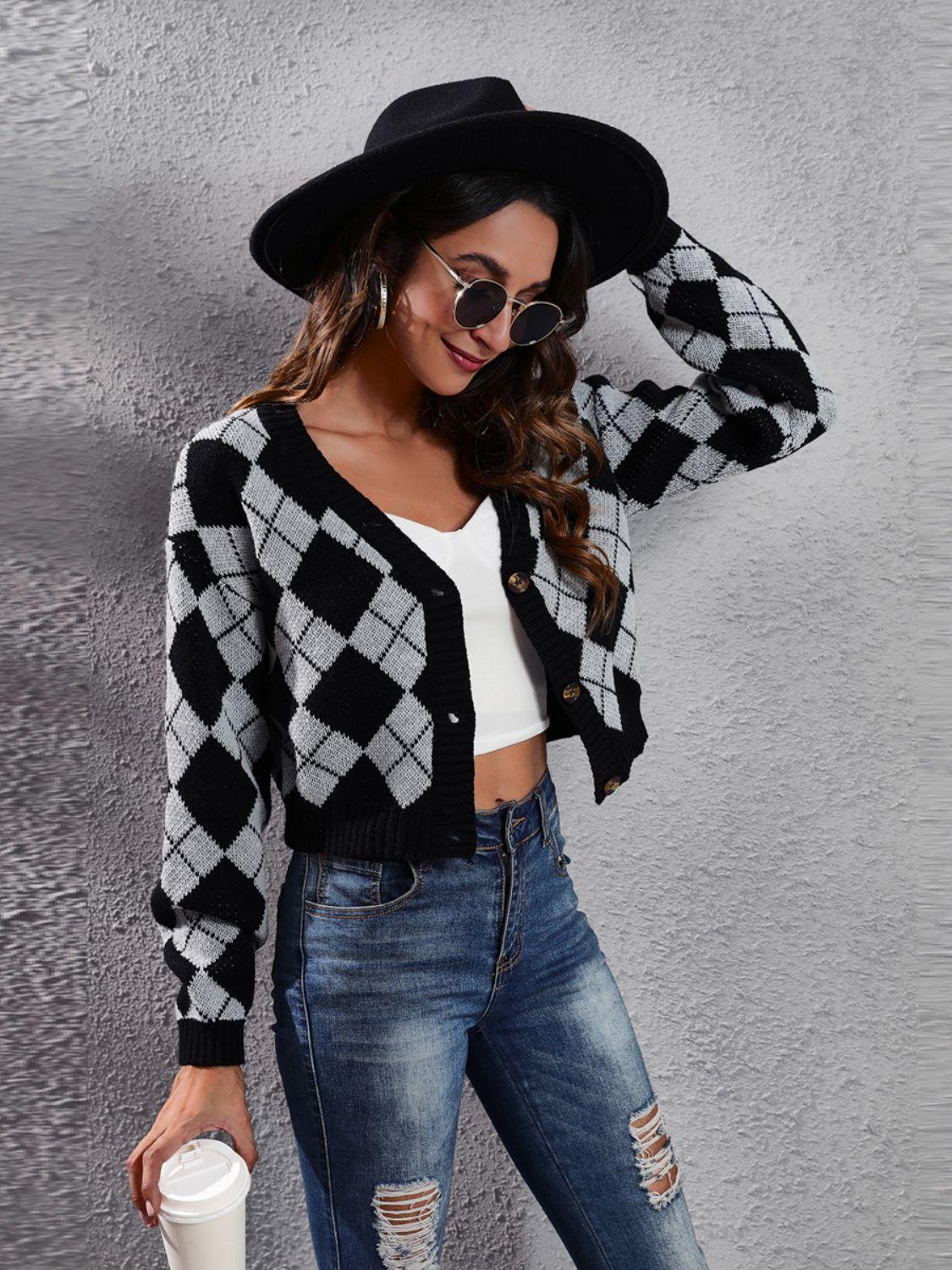 Cardigan boutonné à manches longues et motif géométrique