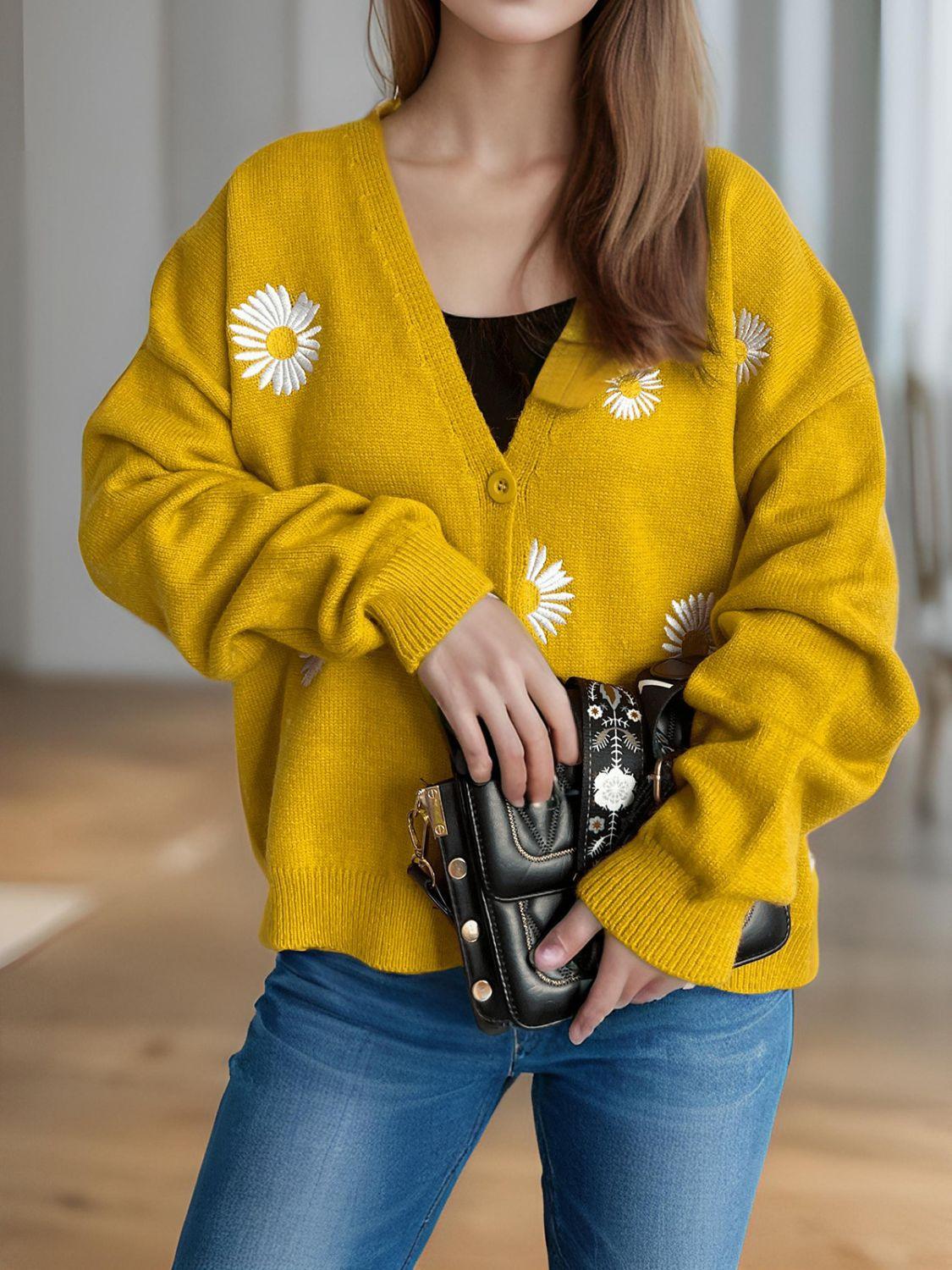 Cardigan boutonné à col en V avec motif marguerite