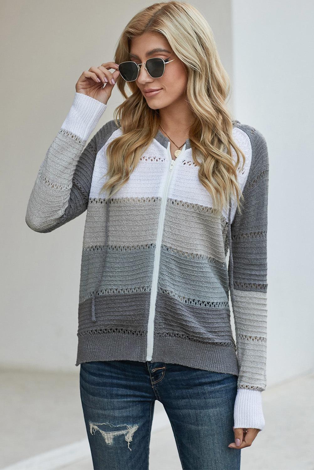 Cardigan à capuche ajouré à manches raglan et fermeture éclair