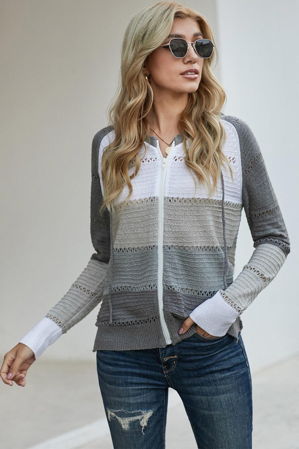 Cardigan à capuche ajouré à manches raglan et fermeture éclair