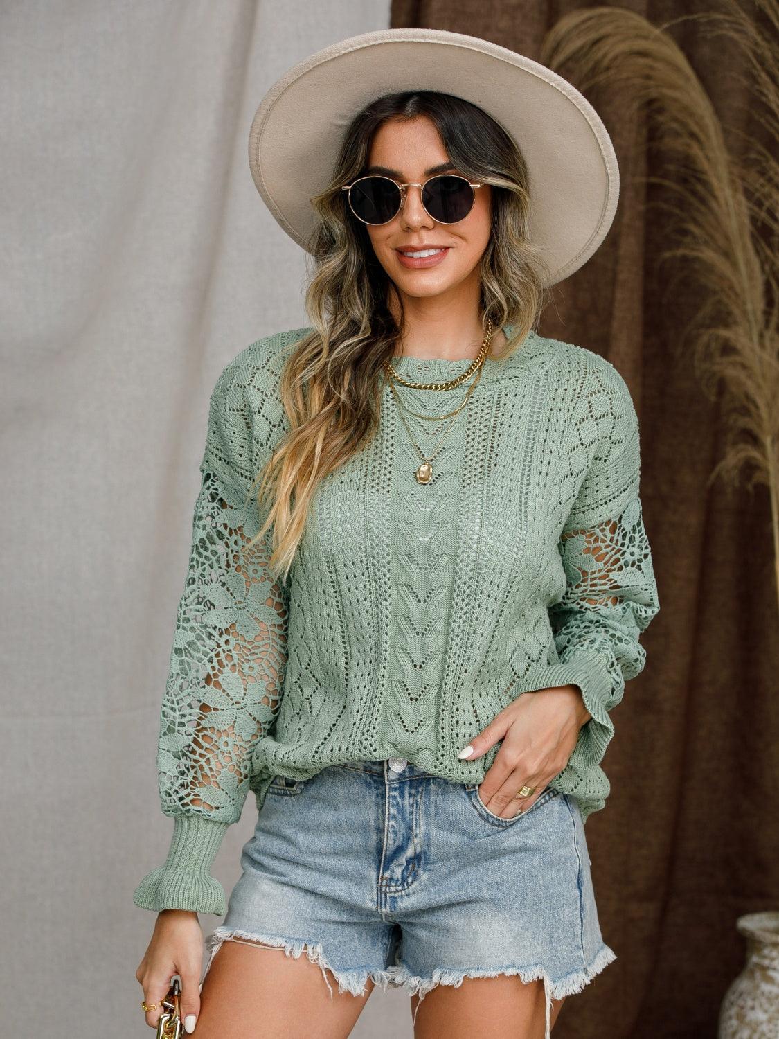 Pull à manches lanternes en crochet à œillets