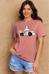T-shirt en coton à imprimé chat et citrouille en taille réelle Simply Love