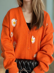 Cardigan boutonné à col en V avec motif marguerite