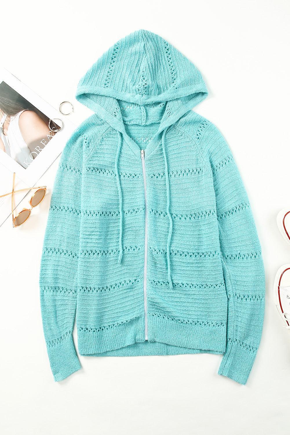 Cardigan à capuche ajouré à manches raglan et fermeture éclair