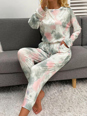 Ensemble de détente avec haut à col rond et pantalon à cordon de serrage Tie-Dye