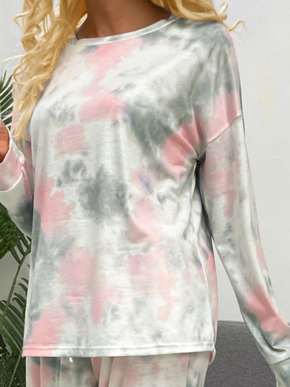 Ensemble de détente avec haut à col rond et pantalon à cordon de serrage Tie-Dye