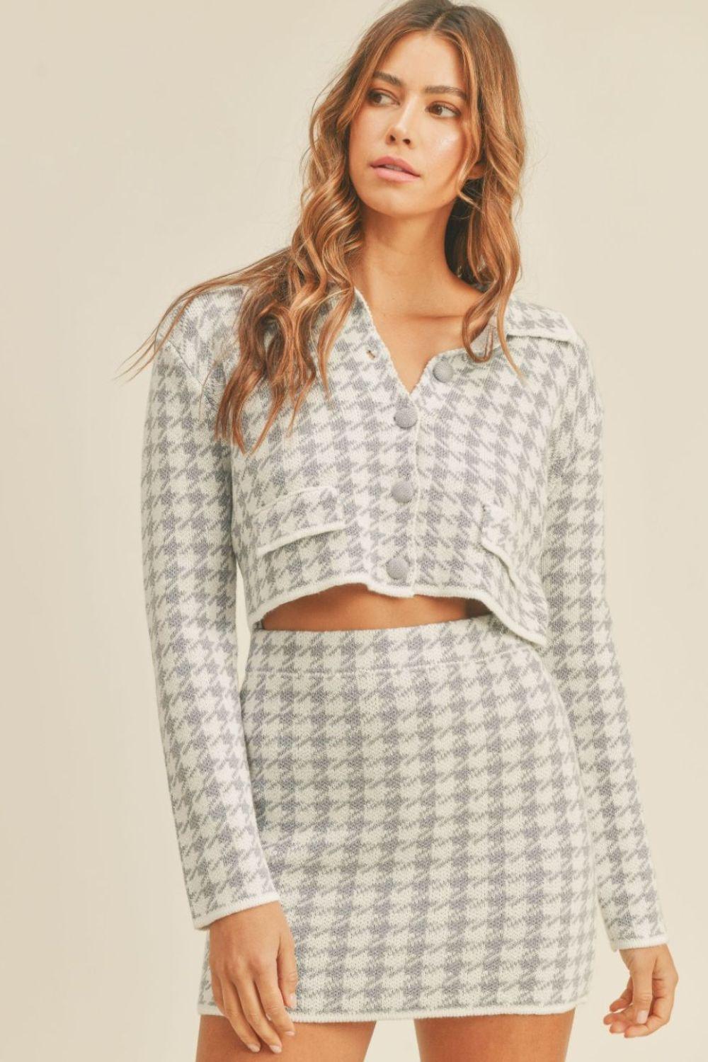 Ensemble cardigan court en tricot pied-de-poule et mini-jupe MABLE
