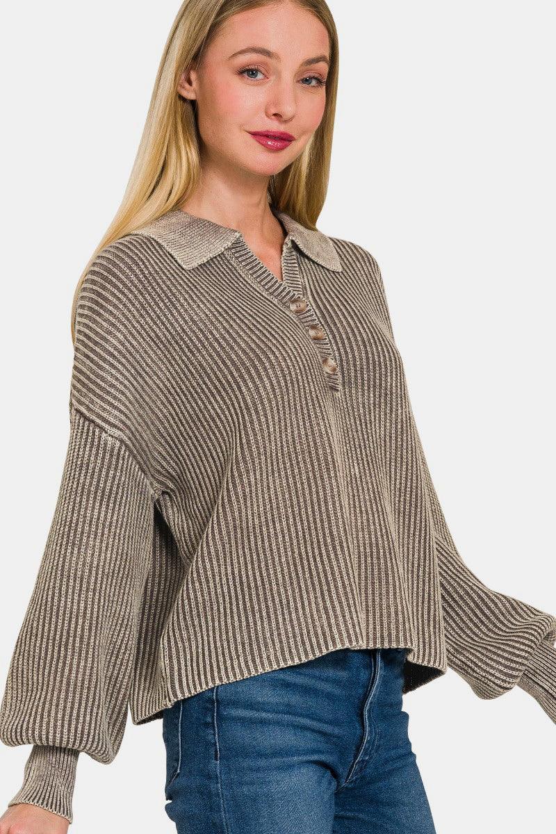 Pull à manches longues et demi-bouton délavé Zenana