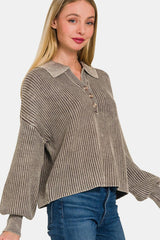 Pull à manches longues et demi-bouton délavé Zenana