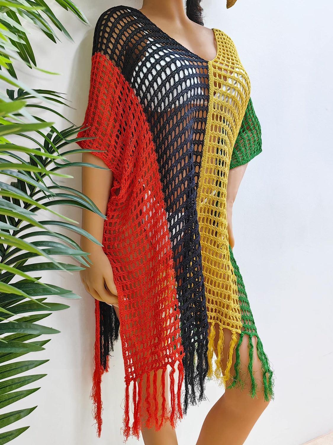 Cache-maillot à franges et blocs de couleurs à col rond