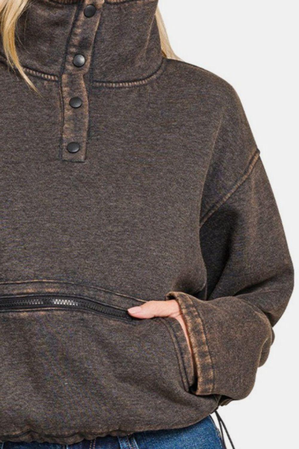 Sweat-shirt Zenana en polaire délavée à demi-pression avec poche