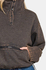 Sweat-shirt Zenana en polaire délavée à demi-pression avec poche