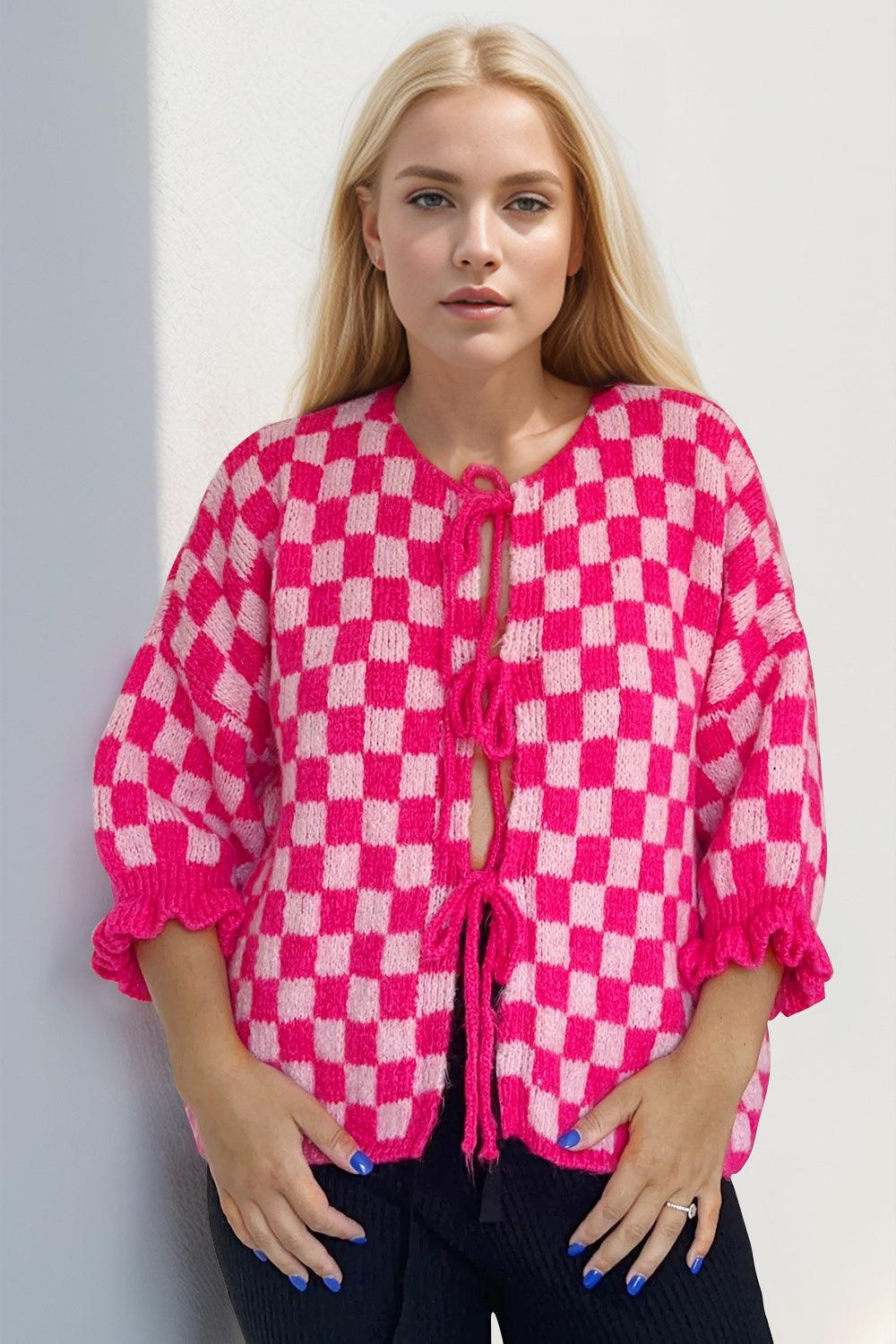 Cardigan noué à carreaux avec épaules tombantes et manches à volants Double Take